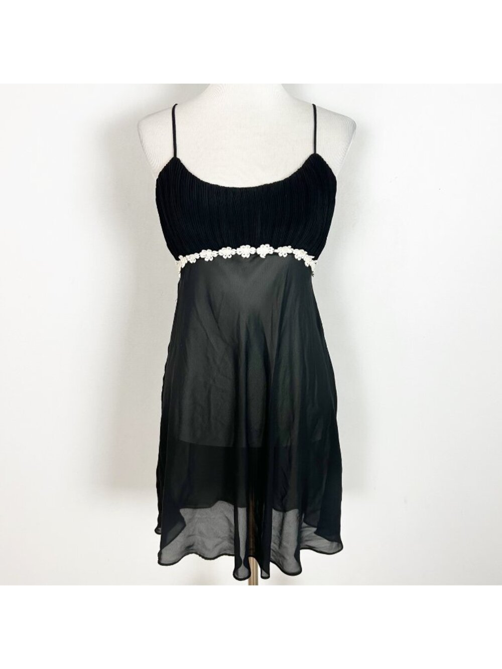 Y2K Coquette Slip Dress Lingerie Nightie‎ Black Sheer Floral Applique Size Large